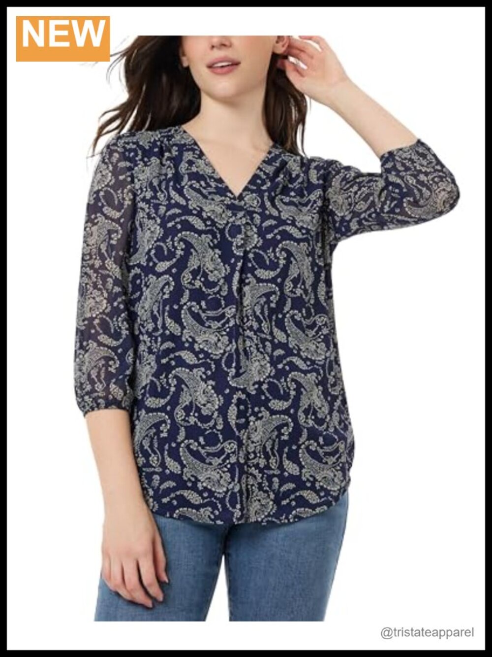 Women's Plus Size 3/4 Sleeve V-Neck Tunic Top, Solid Ivory/Navy